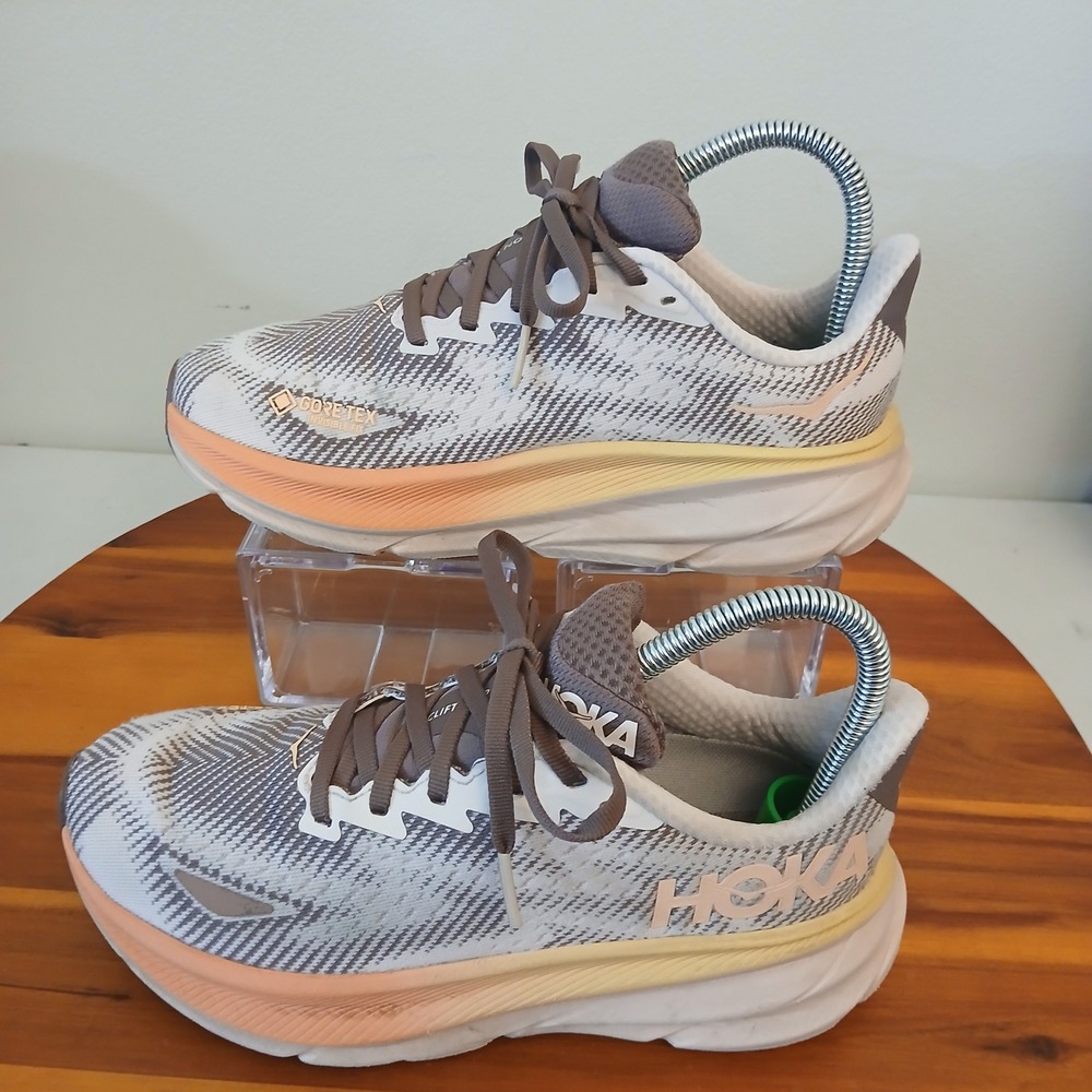 Hoka Clifton 9 GTX Women 6 Grey Peach Running Shoes Sneakers 1141490F CMK